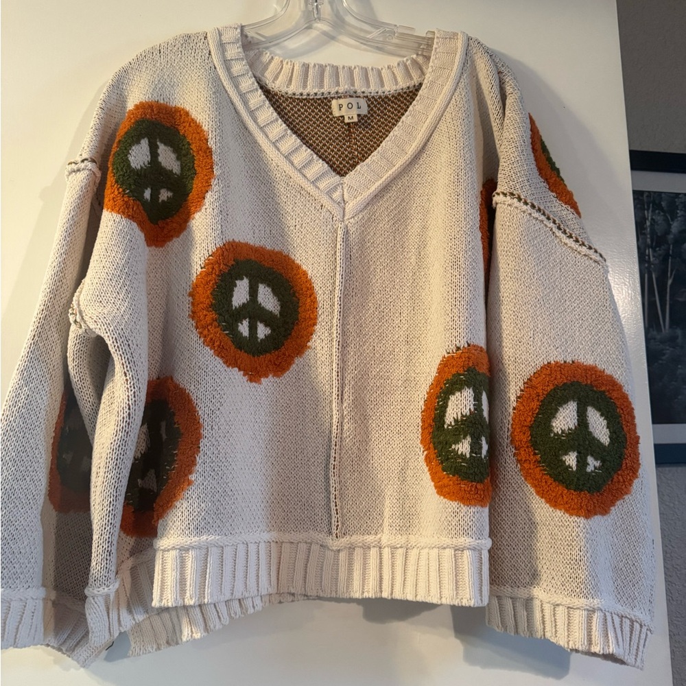 Brand new POL Cream V-Neck Sweater with Peace Sign